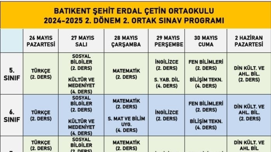 2. DÖNEM 2. ORTAK SINAV TAKVİMİMİZ